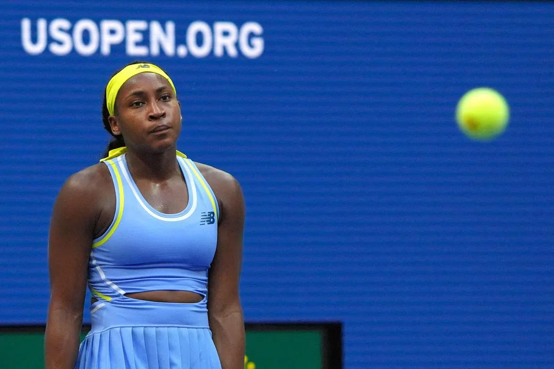United States' Coco Gauff reacting during her women's singles round of 16 tennis match against Emma Navarro.