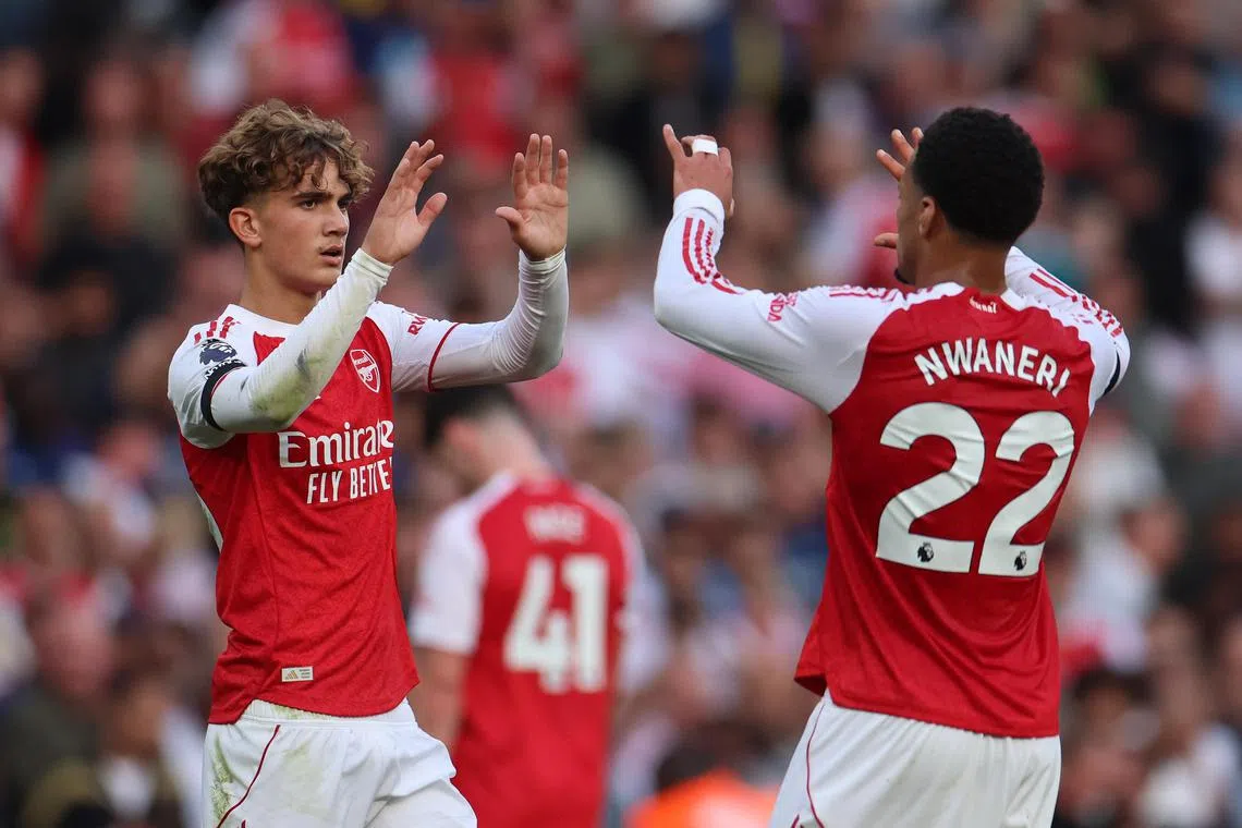 Max Dowman (left) came on as a substitute aged just 15 years and 234 days during the Arsenal's 5-0 English Premier League win over Leeds United at the Emirates on Aug 23 and earned a penalty. His teammate Ethan Nwaneri remains the youngest player in Premier League history after featuring in Arsenal’s 3-0 victory at Brentford in September 2022 aged 15 years and 181 days.