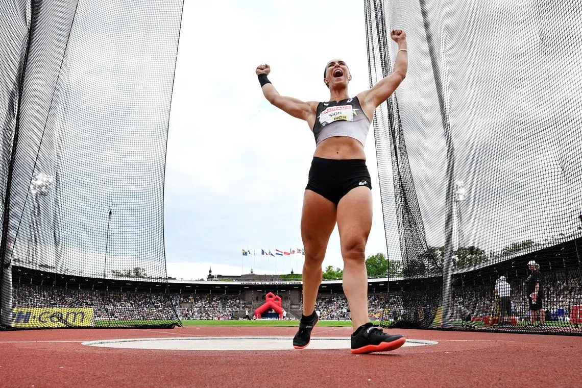FILE PHOTO: Athletics - Diamond League - Stockholm - Stockholm Olympic Stadium, Stockholm, Sweden - June 7, 2026 Valarie Sion of the U.S. celebrates during the women's discus Christine Olsson/TT News Agency via REUTERS/File Photo