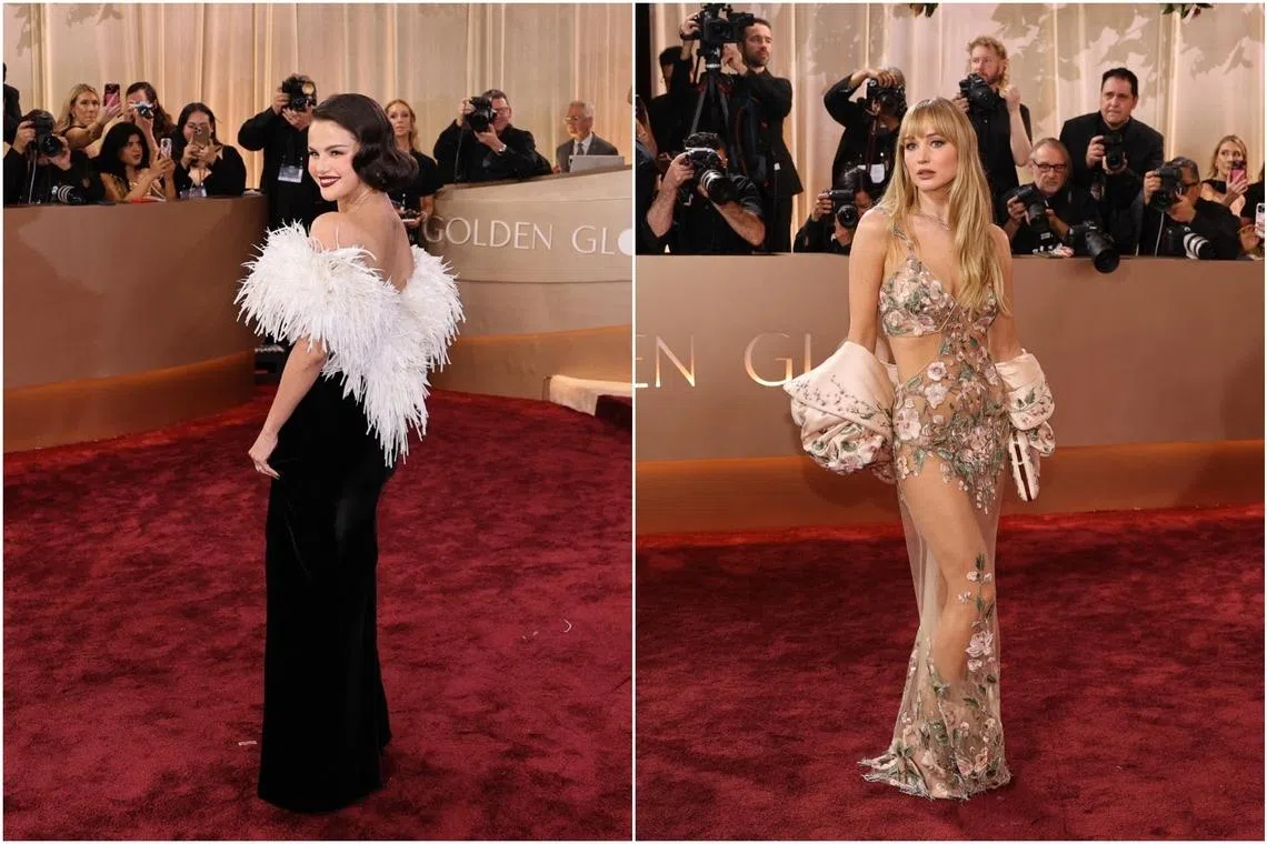 Selena Gomez (left) and Jennifer Lawrence on the red carpet at the 83rd Annual Golden Globes on Jan 11.
