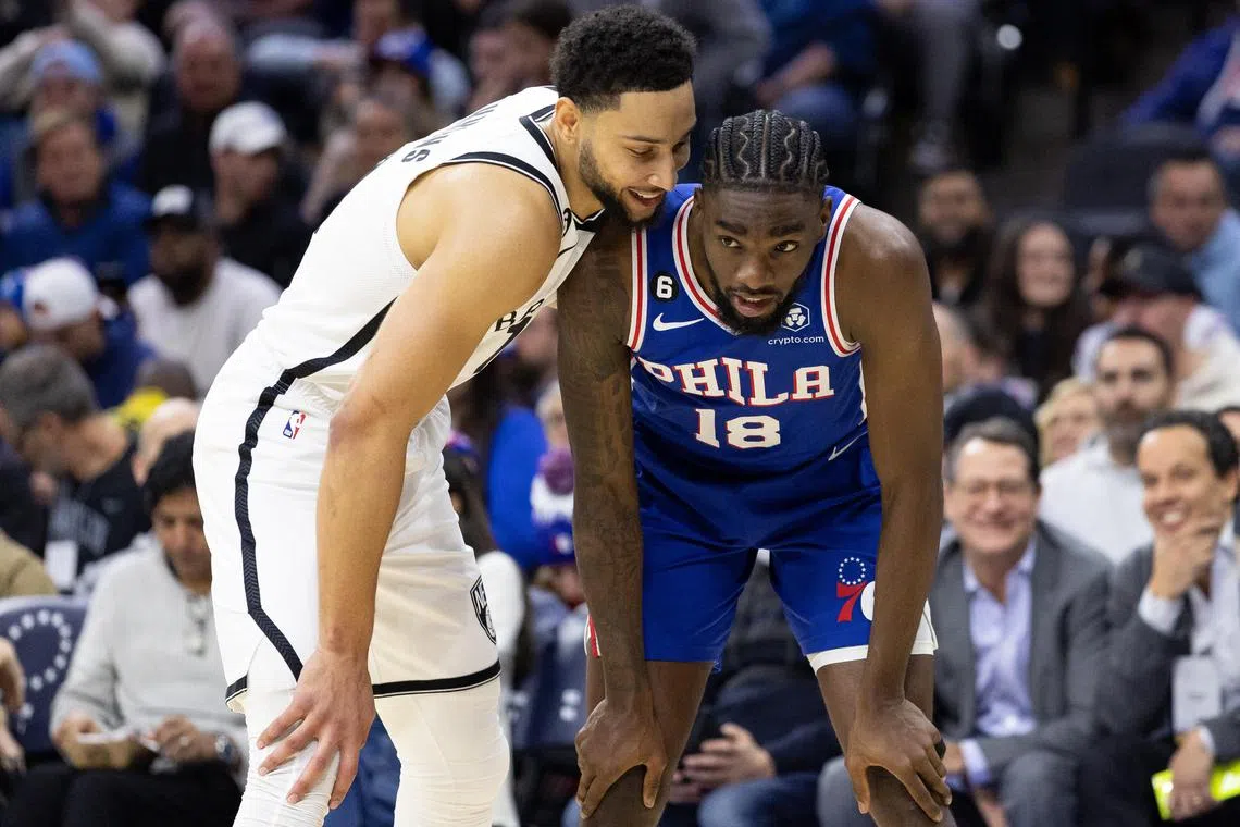 Brooklyn Nets guard Ben Simmons talking to Philadelphia 76ers guard Shake Milton during the first quarter at Wells Fargo Centre. The Australian did not have a happy return to Philadelphia as his team lost 115-106.