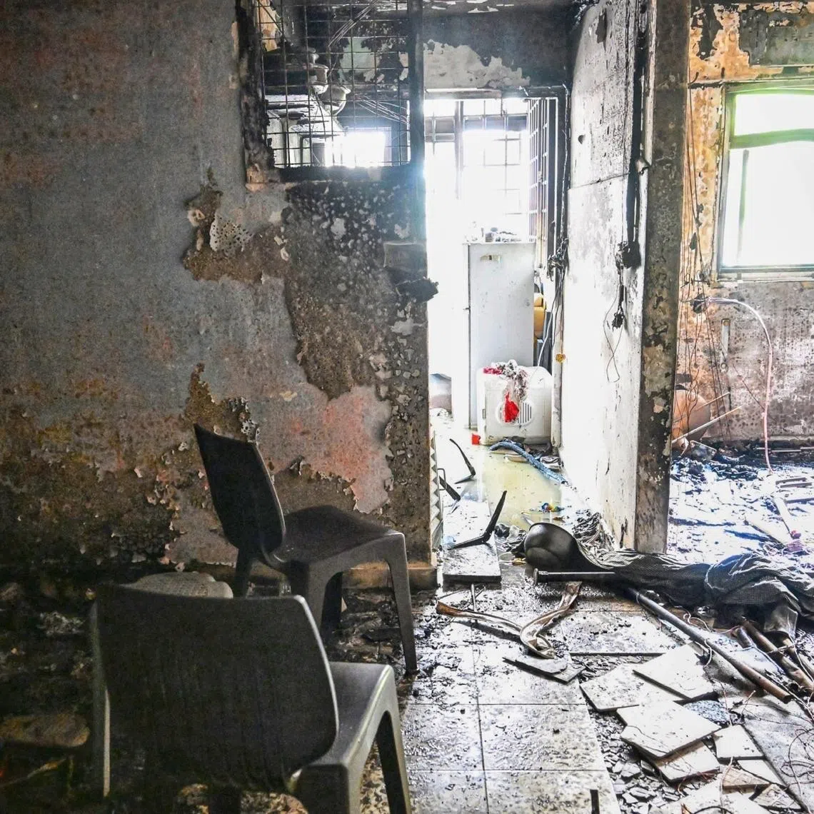Aftermath of the interior of the 106 Jalan Bukit Merah unit damaged by the fire, taken on Aug 14, 2025.