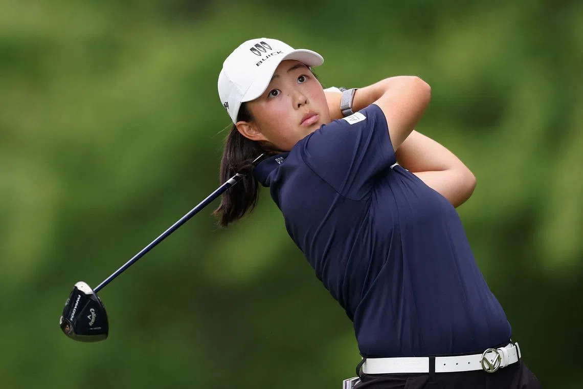 Yin Ruoning of China playing a tee shot on the third hole during the final round of the Women's PGA Championship at Baltusrol Golf Club on June 25.