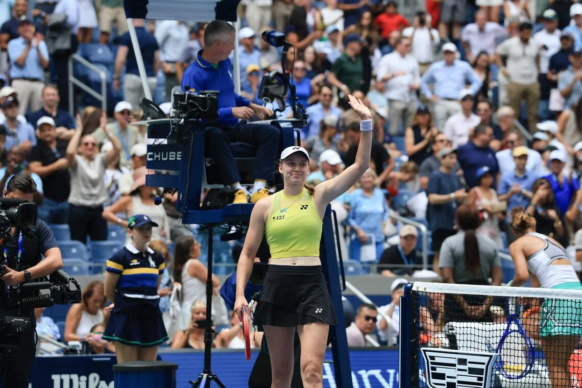 Kazakhstan’s Elena Rybakina waving to the crowd after her Sept 9 victory over China’s Zheng Qinwen.