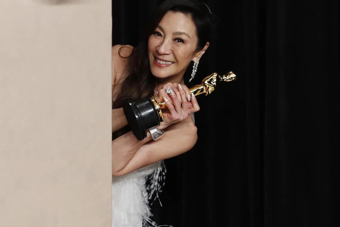 epa10998585  Michelle Yeoh with her Oscar for Best Actress for 'Everything Everywhere All at Once' in the press room during the 95th annual Academy Awards ceremony at the Dolby Theatre in Hollywood, Los Angeles, California, USA, 12 March 2023.  EPA-EFE/CAROLINE BREHMAN