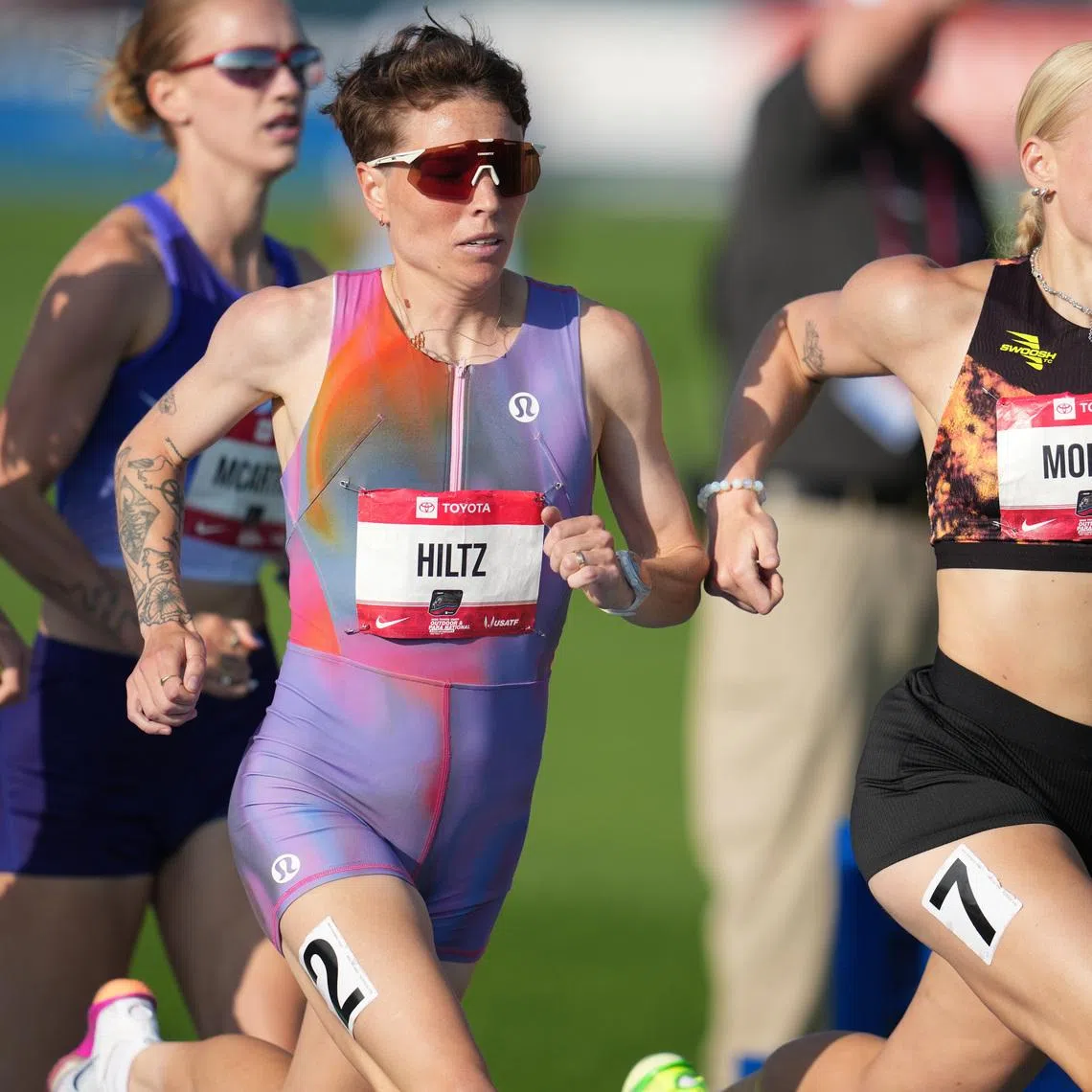 Jul 23, 2026; New York, NY, USA; Nikki Hiltz and Gracie Morris un in a women's 1,500m heat during the USATF Championships at Icahn Stadium. Mandatory Credit: Kirby Lee-Imagn Images