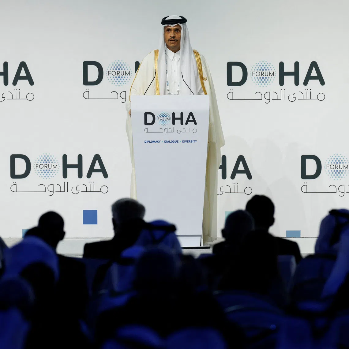 Qatar's Prime Minister and Minister for Foreign Affairs Sheikh Mohammed bin Abdulrahman bin Jassim Al-Thani speaks on the first day of the 23rd edition of the annual Doha Forum, in Doha, Qatar, December 6, 2025. REUTERS/Ibraheem Abu Mustafa