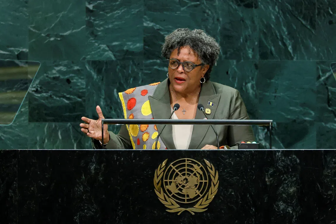 Barbados' Prime Minister Mia Amor Mottley addresses the 81st United Nations General Assembly at UN headquarters in New York City, US, September 24, 2026. REUTERS/Eduardo Munoz