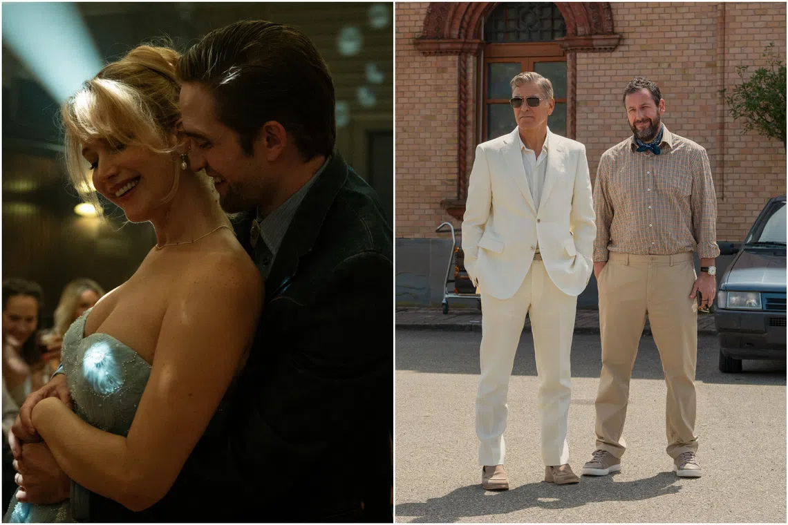 (From left) Jennifer Lawrence and Robert Pattinson in Die My Love; George Clooney and Adam Sandler in Jay Kelly.