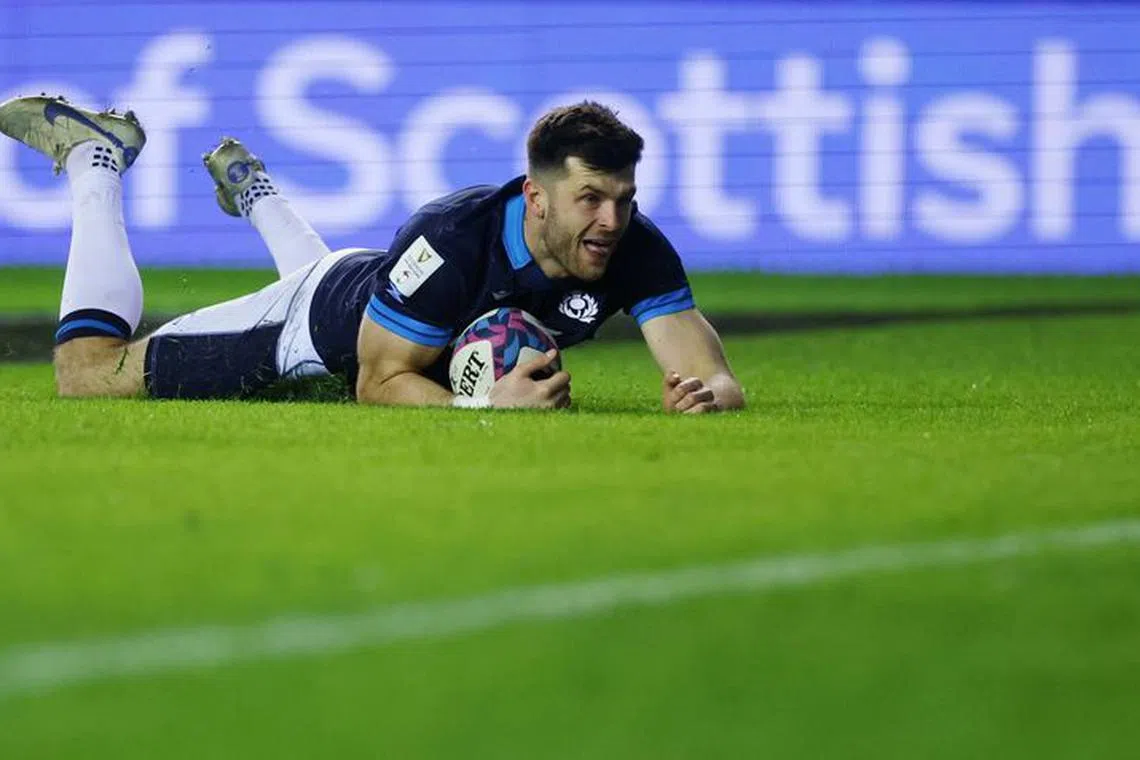 Rugby Union - Six Nations Championship - Scotland v Wales - Murrayfield Stadium, Edinburgh, Scotland, Britain - February  11, 2023 Scotland's Blair Kinghorn scores their third try Action Images via Reuters/Lee Smith/File Photo