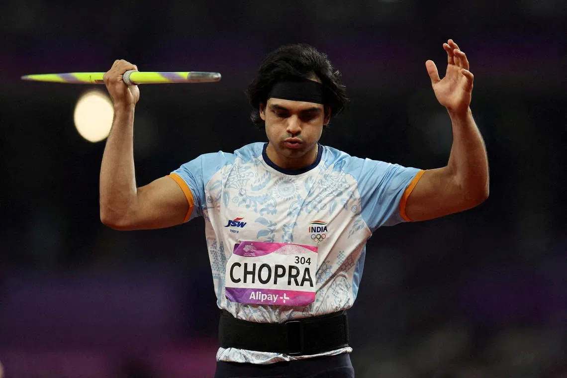 FILE PHOTO: India's Neeraj Chopra in action during the men's Javelin final at the Asian Games - Hangzhou 2022 - Athletics - Olympic Sports Centre, Hangzhou, China - October 4, 2023.  REUTERS/Jeremy Lee/File Photo