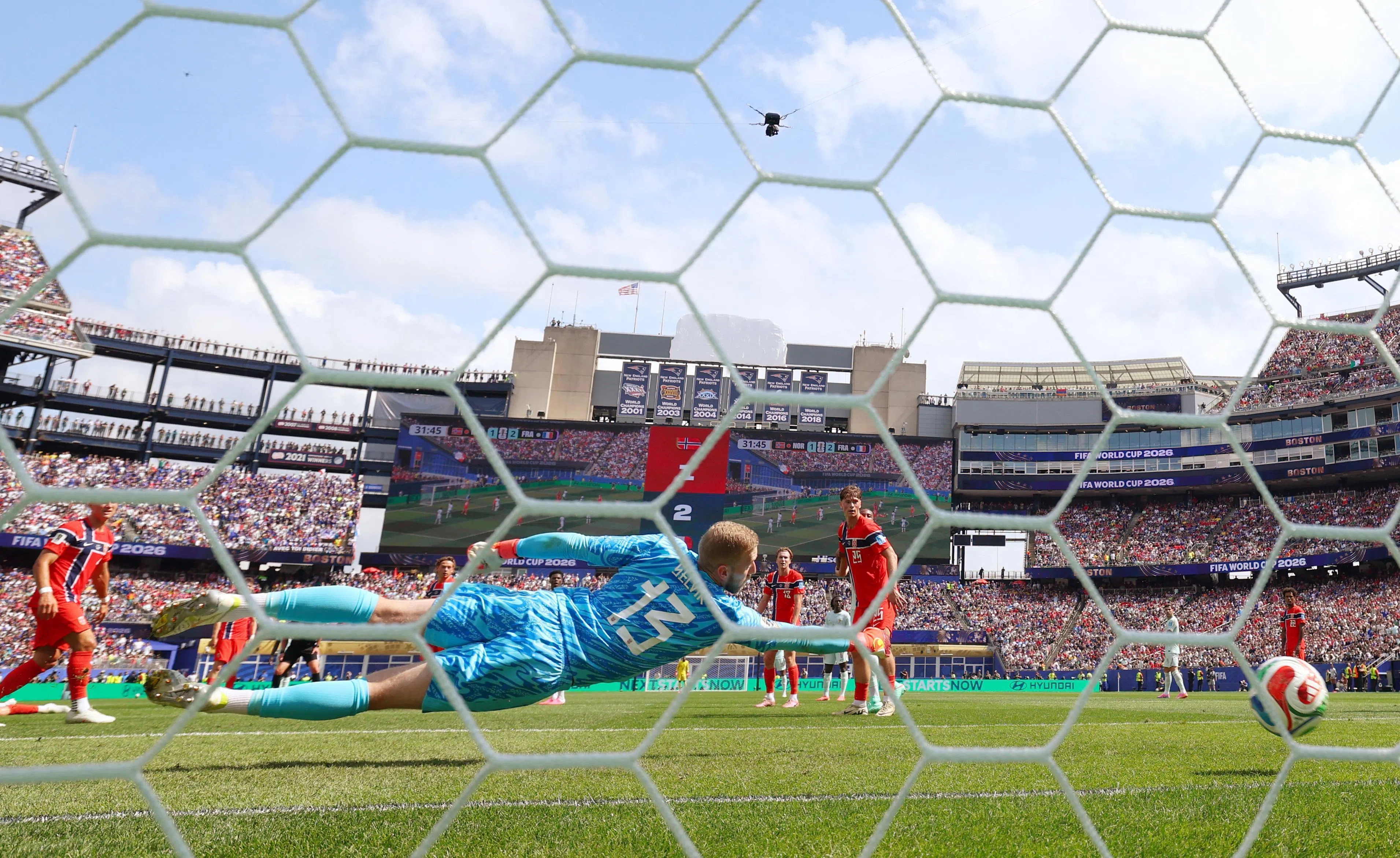 Soccer Football - FIFA World Cup 2026 - Group I - Norway v France - Boston Stadium, Foxborough, Massachusetts, U.S. - June 26, 2026
Norway's Egil Selvik in action as France's Ousmane Dembele scores their third goal to complete his hat-trick REUTERS/Dylan Martinez