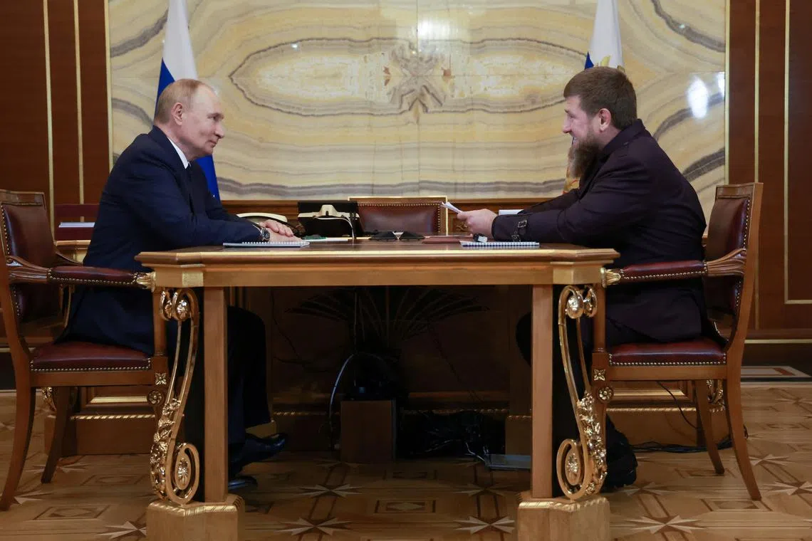 FILE PHOTO: Russia's President Vladimir Putin attends a meeting with head of the Chechen Republic Ramzan Kadyrov in Grozny, Russia August 20, 2024. Sputnik/Vyacheslav Prokofyev/Pool via REUTERS/File Photo
