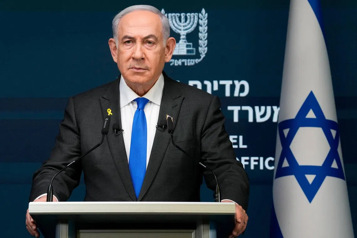 FILE PHOTO: Israeli Prime Minister Benjamin Netanyahu speaks during a news conference in Jerusalem, September 2, 2024.    Ohad Zwigenberg/Pool via REUTERS/File Photo