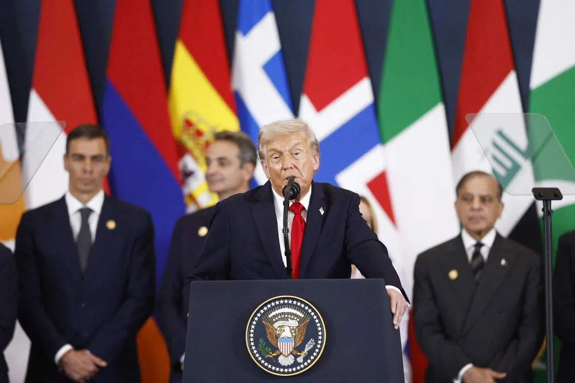 US President Donald Trump delivers a statement during a summit on Gaza in Sharm el-Sheikh on October 13, 2025. US President Donald Trump hailed a "tremendous day for the Middle East" as he and regional leaders signed a declaration on October 13, 2025 meant to cement a ceasefire in Gaza, hours after Israel and Hamas exchanged hostages and prisoners. (Photo by Yoan VALAT / POOL / AFP)