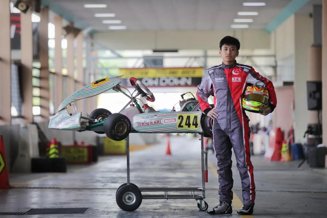 Dillan Tan, 14, a top junior go-kart racer, is also Singapore's top sim racer in e-sports. He won the first of five rounds of the ROK Cup held at the Kranji KF1 Circuit in the senior category last Sunday.