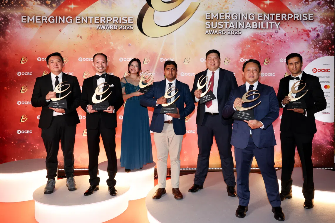 (From left) Evo Commerce CEO Roy Ang, Mesh Bio CEO Andrew Wu, Dododots founder Esther Erin, Hivebotics CEO Rishab Patwari, My Care Healthcare CEO Francis Ho, Green Environmental Engineering managing director Eddy Wee and Hydroleap chief financial officer Kailash Nichani.