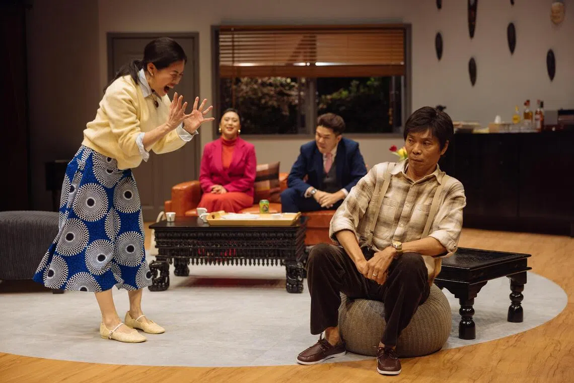 (From left) Mia Chee, Oon Shu An, Cavin Soh and Tay Kong Hui pummel one another in Yasmina Reza's God Of Carnage.
