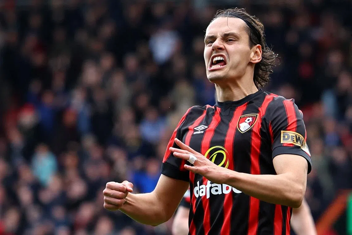 Soccer Football - Premier League - AFC Bournemouth v Brighton & Hove Albion - Vitality Stadium, Bournemouth, Britain - April 28, 2024 AFC Bournemouth's Enes Unal celebrates scoring their second goal REUTERS/Toby Melville/ File Photo