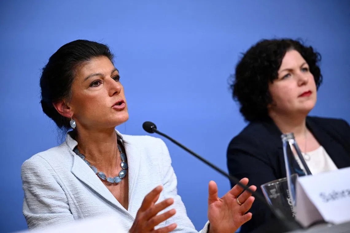 Sahra Wagenknecht, top candidate of Germany’s \"Buendnis Sahra Wagenknecht\" (BSW) and Amira Mohamed Ali attend a press conference after EU election results, in Berlin, Germany, June 10, 2024. REUTERS/Annegret Hilse