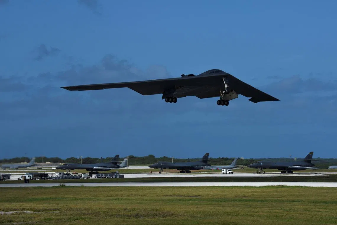 FILE PHOTO: A U.S. Air Force B-2 Spirit bomber takes off from Andersen Air Force Base, Guam January 11, 2018. Picture taken January 11, 2018.   U.S. Air Force/Airman 1st Class Gerald Willis/Handout via REUTERS/File Photo