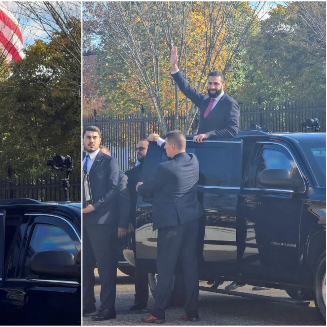 Syria's President Ahmed al-Sharaa greets supporters in the street outside the White House after meeting with US President Donald Trump.