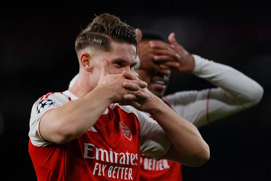 Soccer Football - UEFA Champions League - Arsenal v Atletico Madrid - Emirates Stadium, London, Britain - October 21, 2025 Arsenal's Viktor Gyokeres celebrates scoring their third goal Action Images via Reuters/Andrew Couldridge