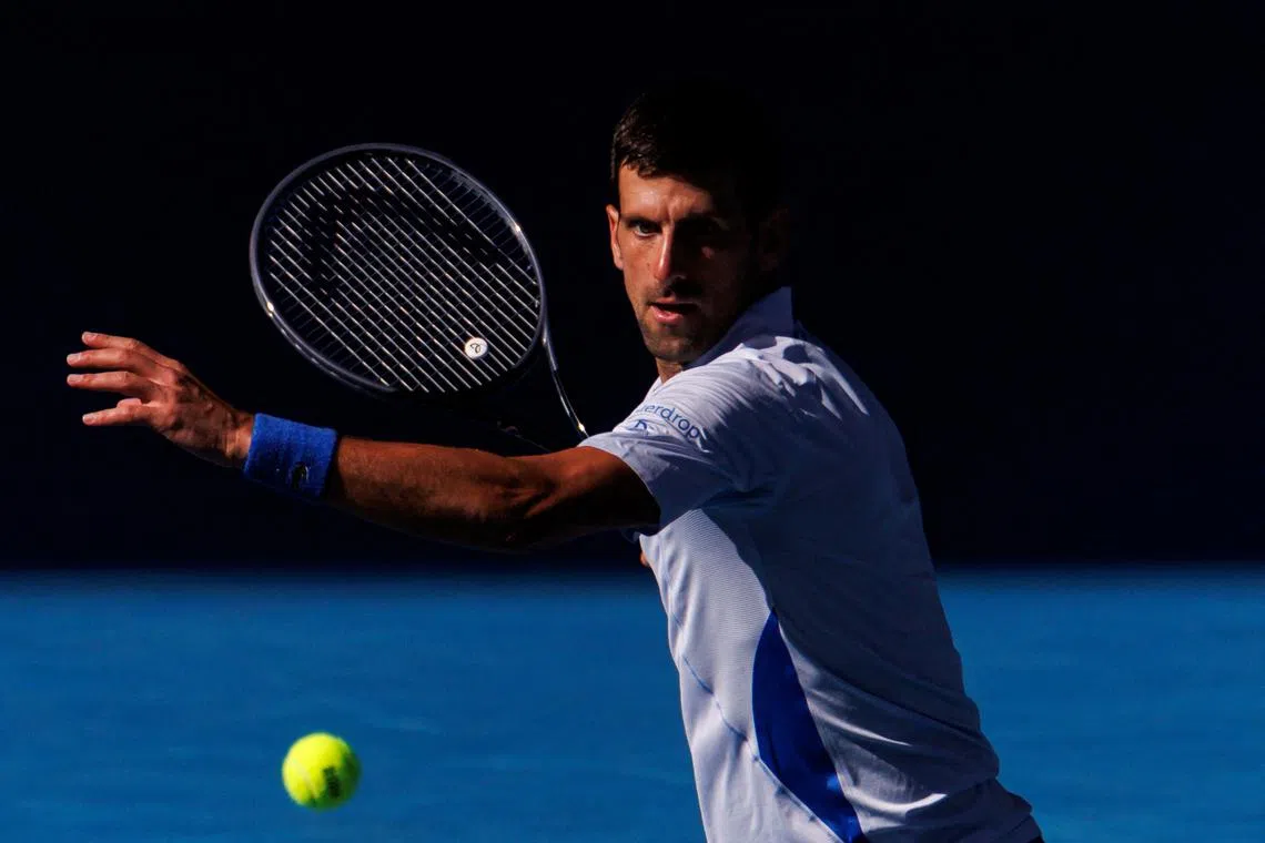 FILE PHOTO: Jan 26, 2024; Melbourne, Victoria, Australia;   Novak Djokovic of Serbia in action against Jannik Skinner of Italy in the semi-finals of the men?s singles at the Australian Open. Mandatory Credit: Mike Frey-USA TODAY Sports/File Photo