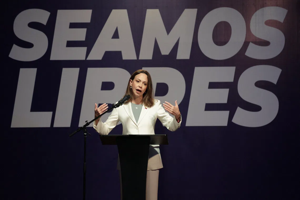 Venezuela’s opposition leader Maria Corina Machado, who returned to the country after nearly a year away, attends a press conference in Caracas, Venezuela, October 29, 2026. REUTERS/Gaby Oraa