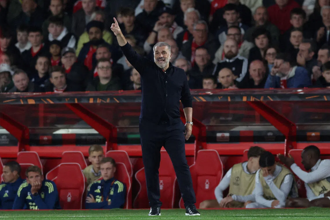 FILE PHOTO: Soccer Football - UEFA Europa League - Nottingham Forest v FC Midtjylland - The City Ground, Nottingham, Britain - October 2, 2025 Nottingham Forest manager Ange Postecoglou reacts REUTERS/David Klein/File Photo