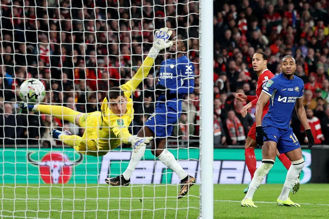 Soccer Football - Carabao Cup - Final - Chelsea v Liverpool - Wembley Stadium, London, Britain - February 25, 2024 Liverpool's Virgil van Dijk scores their first goal REUTERS/Hannah Mckay
