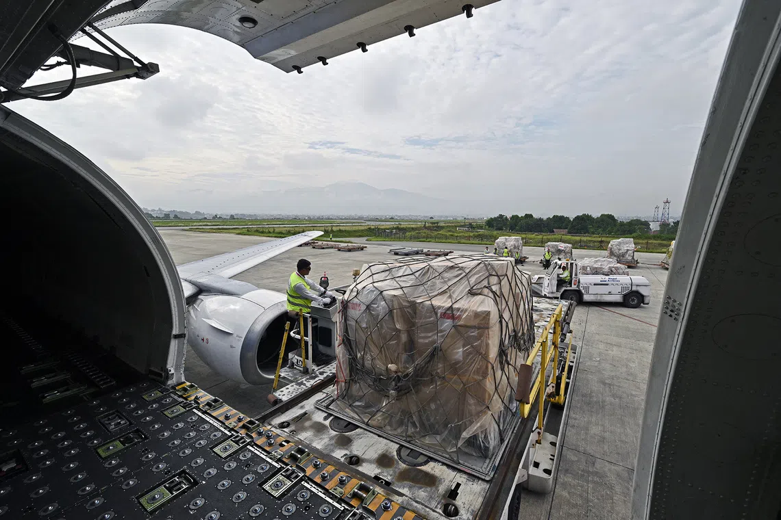 ST20260907_202632000730/Desmond Foo/Rohini/ Arrival of humanitarian assistance package from Singapore at the Tribhuvan International Airport in Kathmandu, Nepal on Sep 20, 2026. The package, with a total value of around S$560,000, comprises humanitarian and emergency response supplies, such as medical supplies, DNA test kits, and personal protective equipment. It also includes specialised equipment to support ongoing search, recovery, and Disaster Victim Identification efforts.