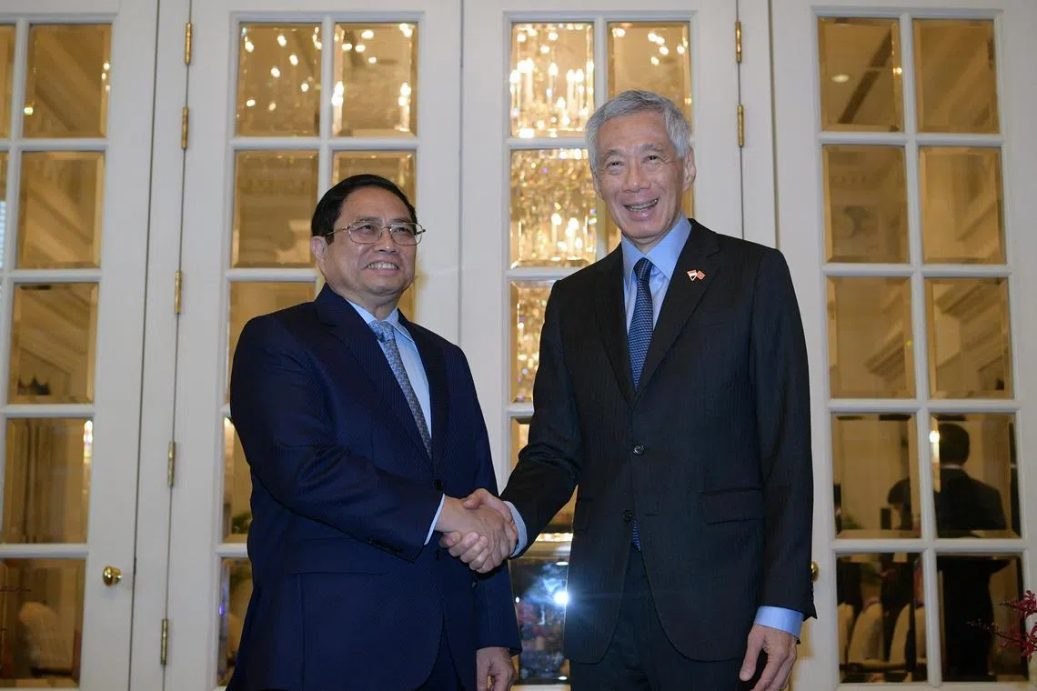 His Excellency Pham Minh Chinh, Prime Minister of The Socialist Republic of Vietnam at the Istana with PM Lee Hsien Loong for an official visit on 9 February 2023.
