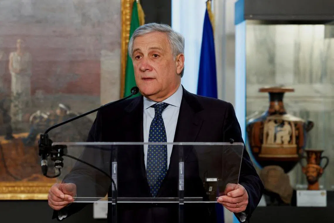 Italian Foreign Minister Antonio Tajani holds a press conference with British Foreign Secretary David Cameron (not pictured) after attending the 16th Conference of Italian Ambassadors in the World, in Rome, Italy December 19, 2023. REUTERS/Remo Casilli