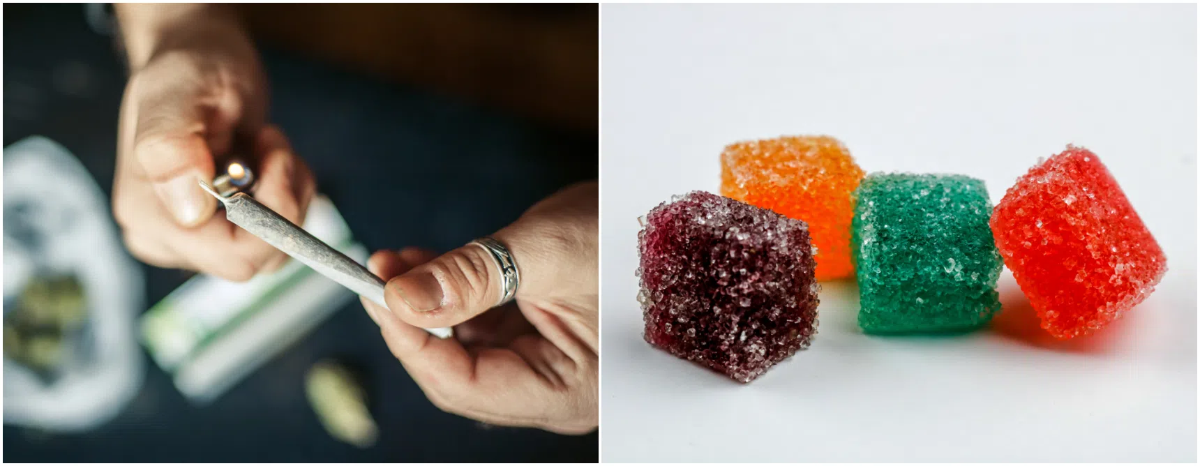 Cannabis edibles in the form of candy (right) lack the pungent, herbal scent of traditional cannabis joints (left).