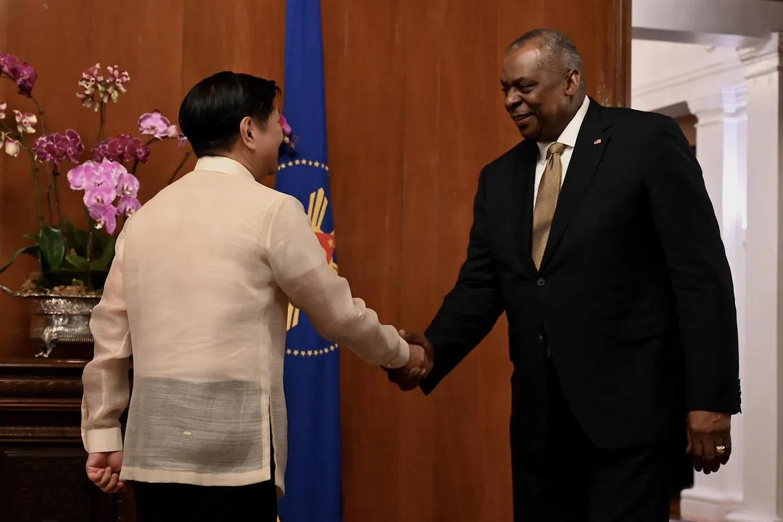 President Ferdinand Marcos Jr (left) welcomes Defence Secretary Lloyd Austin, who was in Manila to re-establish US-Philippine ties.