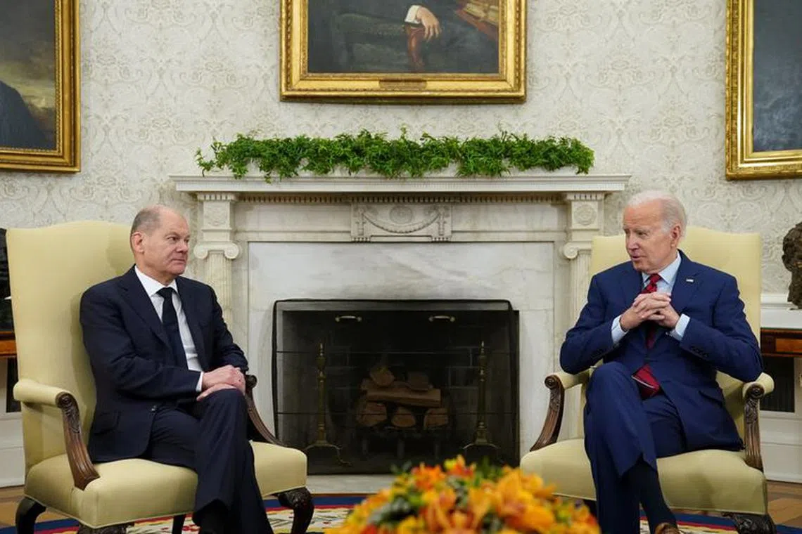 U.S. President Joe Biden meets with German Chancellor Olaf Scholz in the Oval Office of the White House in Washington, U.S., March 3, 2023.  REUTERS/Kevin Lamarque