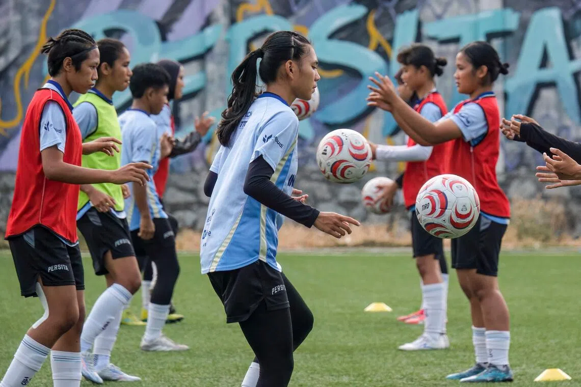 Persita Tangerang’s players performing drills during training in Tangerang, Banten province, Indonesia, on Sept 26.