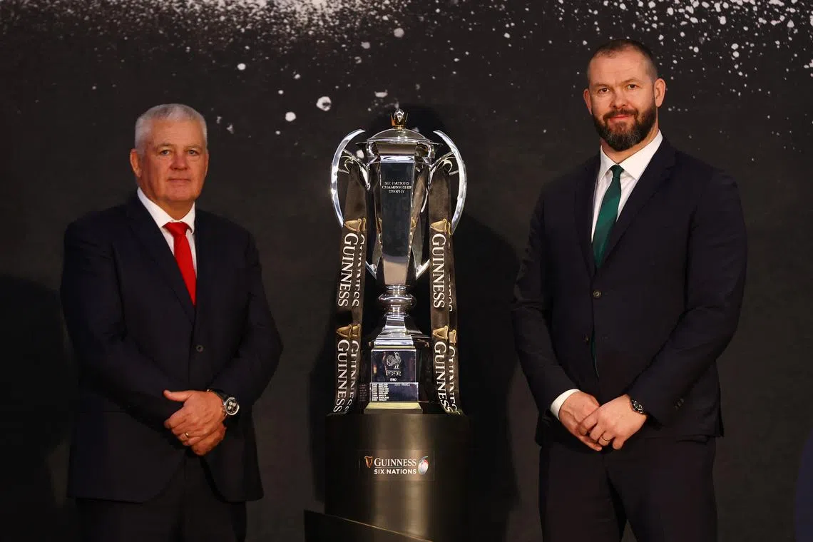 Wales' head coach Warren Gatland (left) and Ireland counterpart Andy Farrell with the Six Nations trophy, ahead of their first match on Feb 4, 2023.