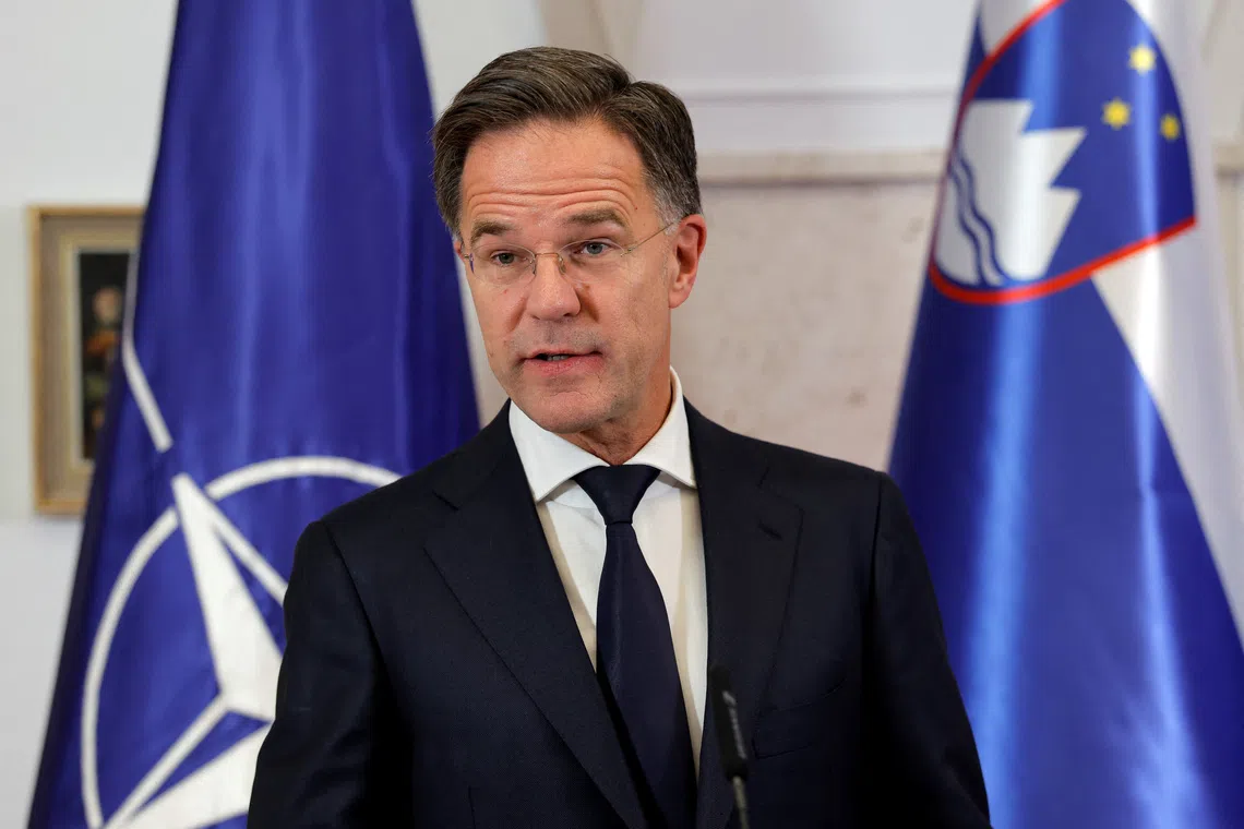 NATO Secretary General Mark Rutte talks at the press conference during his visit in Slovenia, in Brdo pri Kranju, Slovenia, October 13, 2025. REUTERS/Borut Zivulovic