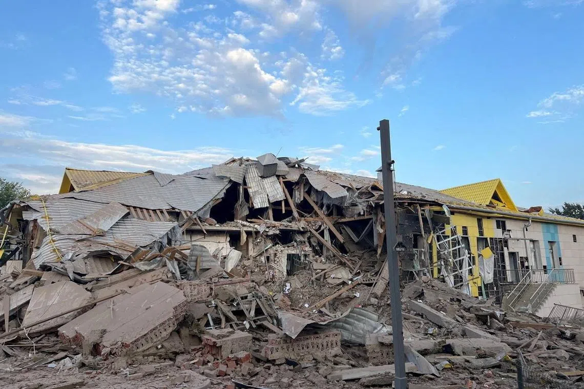A view shows a destroyed building hit by shelling, what local authorities called a Ukrainian military strike, in the course of Russia-Ukraine conflict in the Belgorod region, Russia, in this handout picture published September 2, 2024. Governor of Belgorod Region Vyacheslav Gladkov via Telegram/Handout via REUTERS