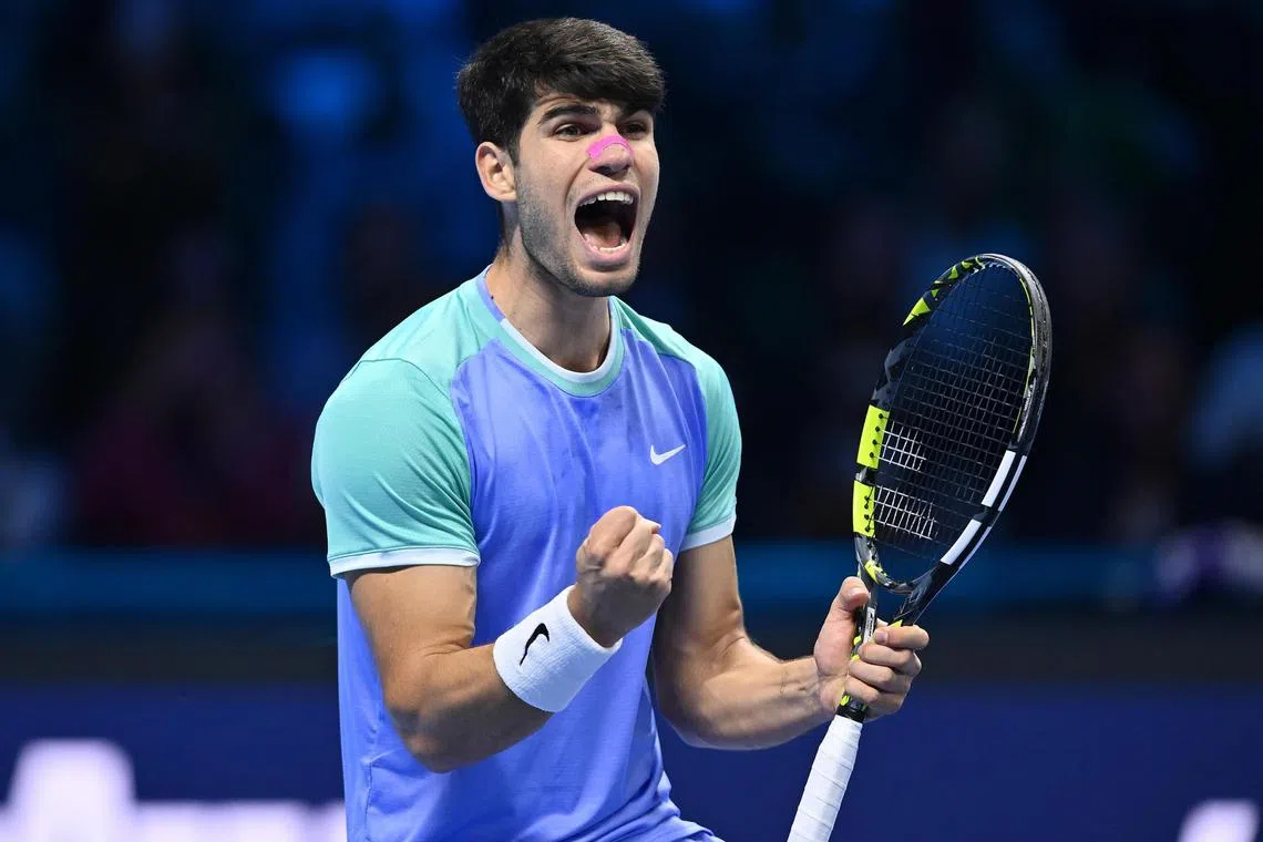 Spain's Carlos Alcaraz celebrating his win over Russia's Andrey Rublev on Nov 13.