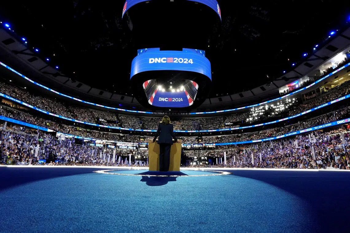 U.S. Vice President Kamala Harris accepts the Democratic Party's nomination for president at the United Center on the fourth day of the Democratic National Convention in Chicago, Illinois, U.S., on Thursday, August 22, 2024.    Kent Nishimura/Pool via REUTERS