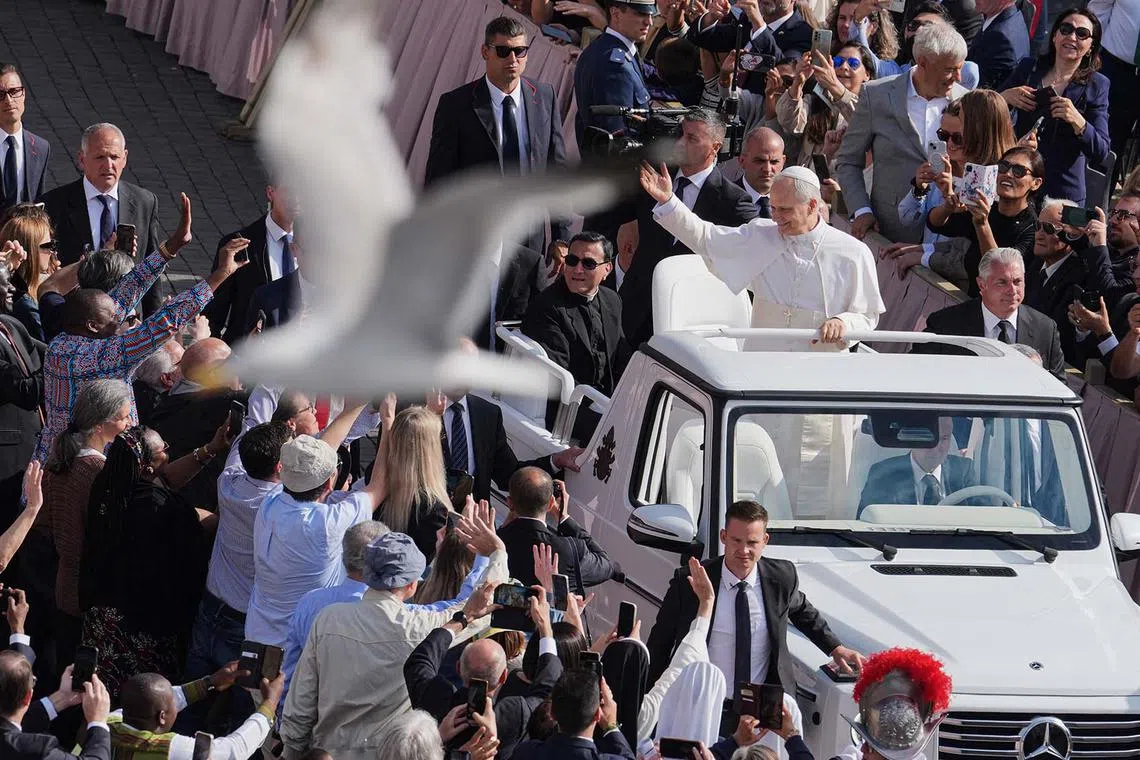 A bird flying by during Pope Leo XIV's  tour of St Peter’s Square at the Vatican prior to the inaugural Mass of his pontifcate, on May 18. 