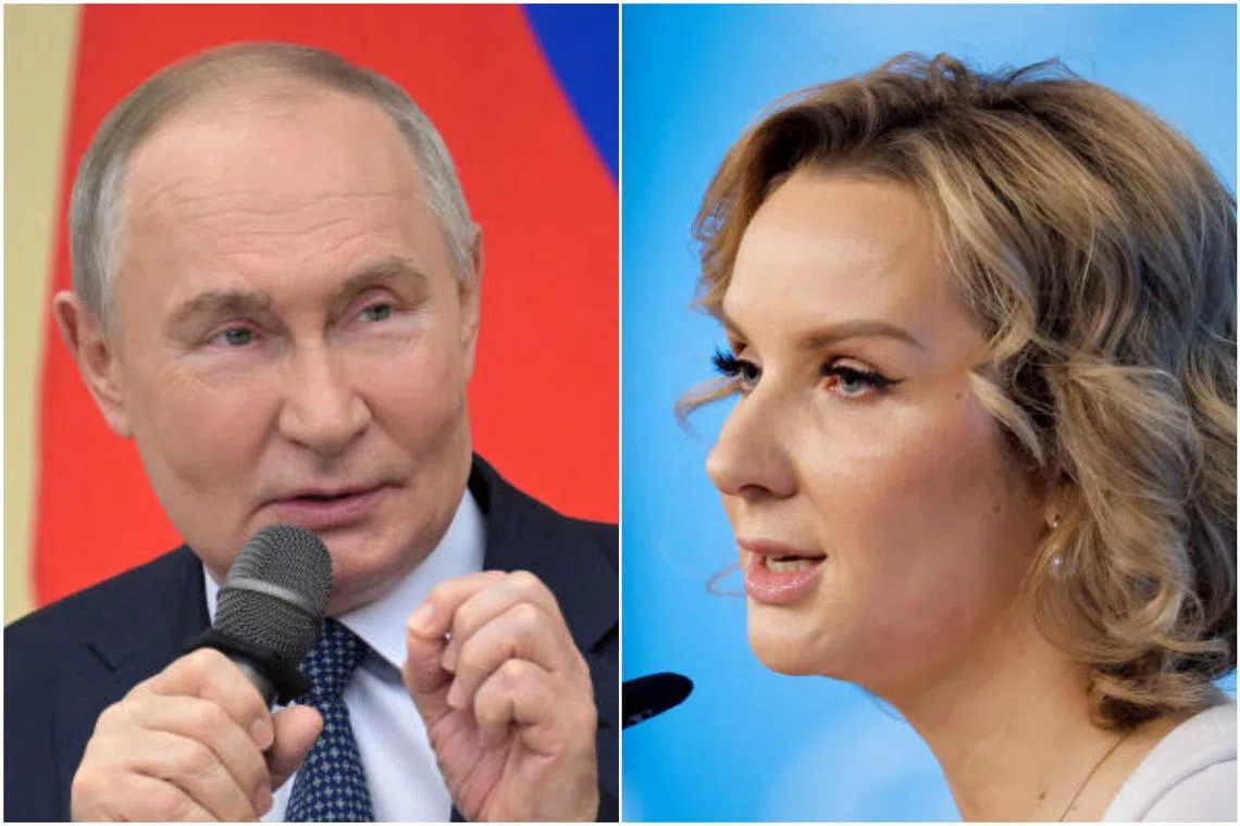The ICC had issued arrest warrants for Mr Putin (left) and his child rights' commissioner, Ms Maria Lvova-Belova (right), for the alleged war crime of deportation of Ukrainian children.
