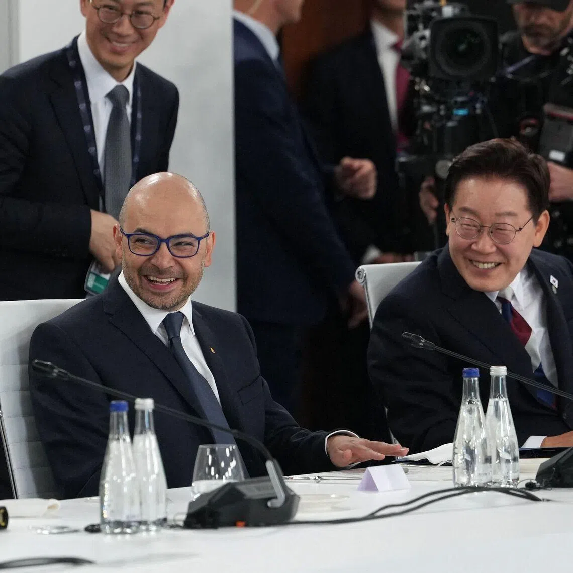 (From left) US President Donald Trump, Google DeepMind CEO Demis Hassabis and South Korean President Lee Jae-myung at a working lunch meeting during the G-7 summit in Evian, France, on June 17.