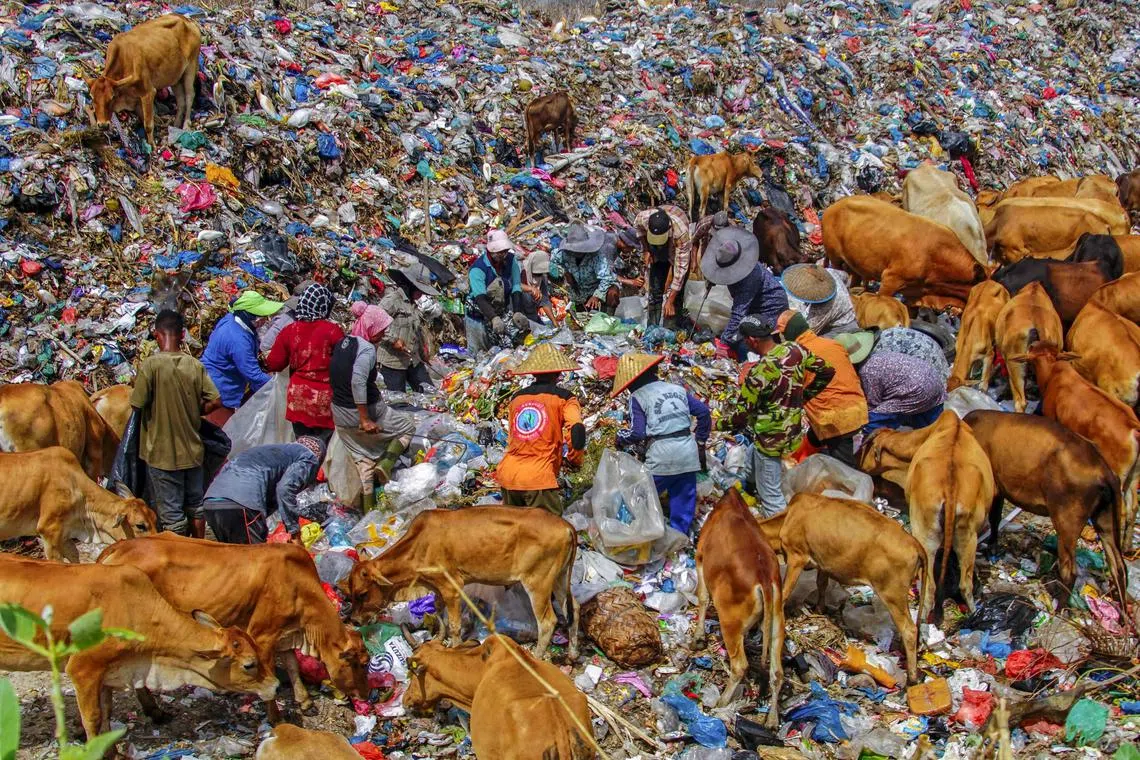 People searching for items to sell at the Alue Liem landfill in Lhokseumawe on May 5, 2023. 