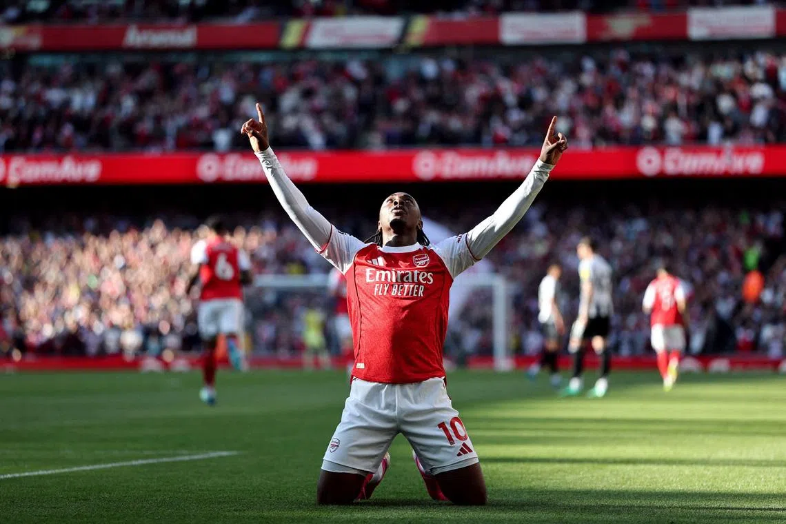 Soccer Football - Premier League - Arsenal v Newcastle United - Emirates Stadium, London, Britain - April 25, 2026 Arsenal's Eberechi Eze celebrates scoring their first goal REUTERS/David Klein