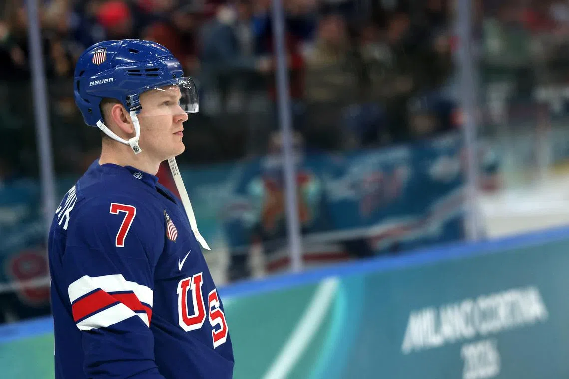 Milano Cortina 2026 Olympics - Ice Hockey - Men's Preliminary Round - Group C - United States vs Denmark - Milano Santagiulia Ice Hockey Arena, Milan, Italy - February 14, 2026. Brady Tkachuk of United States during the warm up before the match REUTERS/Mike Segar