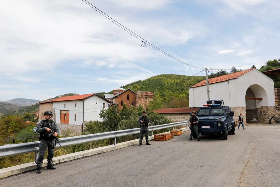 FILE PHOTO: Kosovo police officers patrol, in the aftermath of a shooting incident, in Banjska village, Kosovo September 27, 2023. REUTERS/Ognen Teofilovski/File Photo